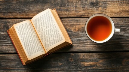 Leinwandbilder - Enjoying tea while reading a book on a cozy wooden table in a tranquil setting during the afternoon. Generative AI