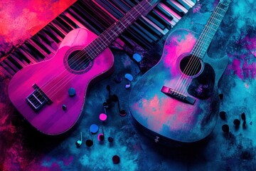 Poster - Creative musical energy with guitars and piano keys surrounded by colorful notes. Generative AI