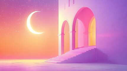 Poster - Crescent moon night, pastel architecture, stairs, mystical scene, Ramadan greeting