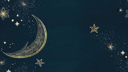 Wall Mural - golden crescent moon, stars, night sky, greeting card