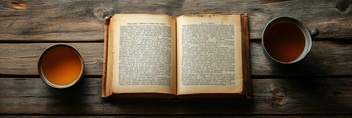 Poster - Cozy afternoon reading with an open book and a warm cup of tea on a rustic wooden table. Generative AI