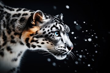 snow leopard in a dynamic pose, stalking through the snow with a focused expression under falling sn