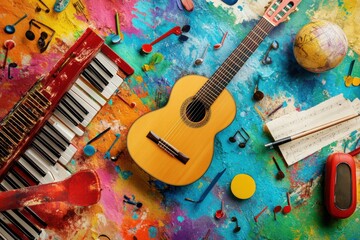 Poster - Creative explosion of musical instruments and colorful notes on vibrant artistic surface. Generative AI