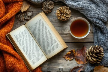 Poster - Cozy reading setup with an open book and a cup of tea on a wooden table surrounded by autumn elements. Generative AI