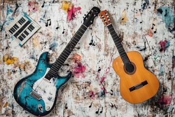 Poster - Creative chaos of vibrant guitars and piano keys with scattered musical notes on textured surface. Generative AI