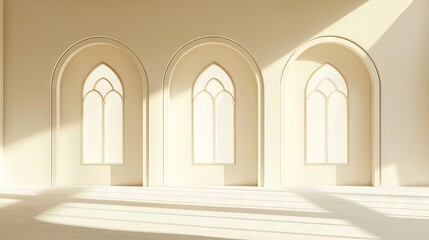 Poster - Sunlit arched windows in minimalist room; interior design concept