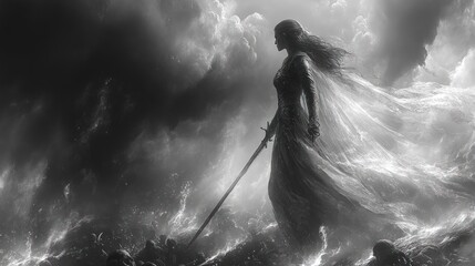 Canvas Print - Here's a 10-word description: Warrior woman, sword drawn, stormy sea,