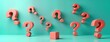 © Viktor - Coral-colored question marks float on turquoise background. Modern design suggests curiosity. 3d rendering creates sense of mystery, invites exploration. Possible solutions answers remain unknown.