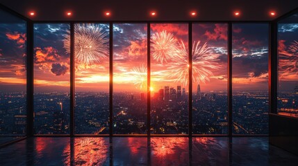 Poster - City fireworks view from windows.