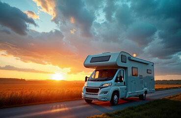 Motorhome travels along rural road at golden hour. Scenic sunset over golden wheat field. Vacation trip in campervan. Beautiful landscape. Peaceful travel. Holiday travel. Road trip.