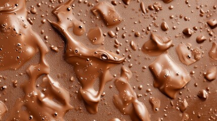 Wall Mural - 29.A dynamic top view of milk chocolate splashing dramatically onto a smooth surface, with realistic droplets of chocolate scattering. The background is a soft mesh gradient, seamlessly blending from