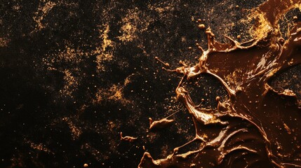 Wall Mural - 30.A top-down shot of creamy milk chocolate splashing and flowing across a dark surface, with dynamic splatters in all directions. The background features a smooth gradient mesh, giving a sense of