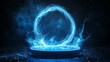 © Sinechana - 14.A vibrant blue neon portal effect with an energy ring swirling around a central pedestal. The scene is filled with glowing lines and abstract swirls, creating a tech-inspired hologram effect, set