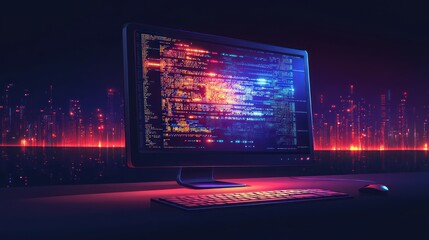 Computer screen displaying lines of code at night.