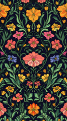 Wall Mural - The image is a vibrant and intricate floral pattern with a dark navy blue background