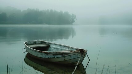 A solitary boat resting on a tranquil lake shrouded in morning fog.