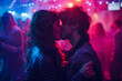 © Duckai - Passionate Kiss in Nightclub Under Valentine's Day Lights as Couple Shares Romantic Affection Amid Party Vibes