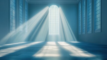 Wall Mural - Sunbeams illuminate an empty, elegant hall with arched windows.