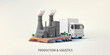 © YarM - Modern dark factory building with pipes and diesel engine, white truck, 3D. Banner for production and delivery concepts. Industry, production. Vector illustration.