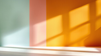 Wall Mural - smooth pastel gradient wall with matte finish, featuring soft colors like blue, pink, and orange, creates serene atmosphere with shadows cast by sunlight