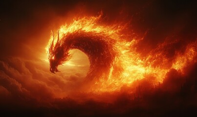 Canvas Print - Fiery dragon emerges from inferno, fiery clouds.