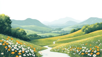 serene valley landscape with wildflowers and stream.