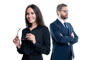 Wall Mural - partner team. successful partnership. business team success. business partner isolated on white. two businesspeople in suit. business teamwork and collaboration. partnership concept