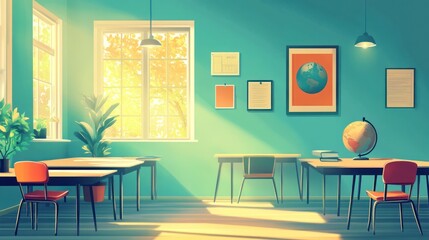 Wall Mural - Sunlit classroom interior with desks, chairs, and globe.