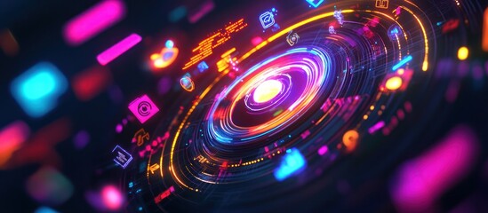 Wall Mural - Abstract swirling neon light with digital icons.