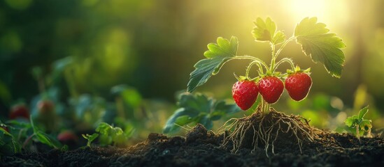 Wall Mural - Strawberry plant with ripe red berries growing in soil.