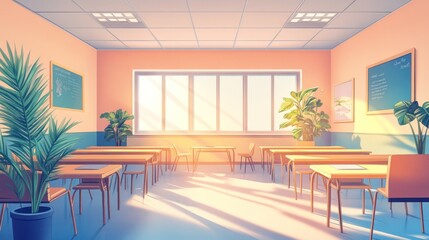 Wall Mural - Sunny classroom interior with desks, plants, and chalkboard.