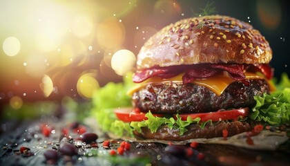 Sticker - Close-up of a juicy burger with cheese, bacon, lettuce, and tomato on a wooden table with red beans and spices.