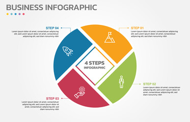 Poster - Visual data presentation. Cycle diagram with 4 options. Pie Chart Circle infographic template with 4 steps, options, parts, segments. Business concept. Editable pie chart with sectors.