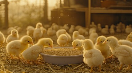 Adorable Yellow Chicks Gather Around a Large Bowl of Feed in a Sunlit Farmyard Setting, Capturing the Charm of Rural Life and Nature's Newborns