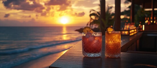 Two cocktails at sunset beach bar.