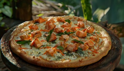 Sticker - A delicious pizza with white sauce, grilled chicken, cheese and fresh basil on a wooden surface.