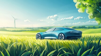 Wall Mural - A hydrogen-powered car in a serene countryside setting, surrounded by fields of green energy crops