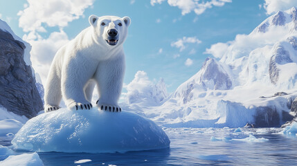 A polar bear stands on a chunk of ice in a vast snowy landscape.