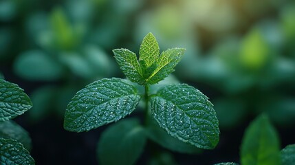 Canvas Print - Fresh mint plant with dew.