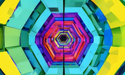 Wall Mural - Abstract colorful hexagonal tunnel, vibrant geometric pattern, 3D rendering.