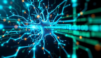 Neuron digital network, binary code flow, data processing, technology concept, science background