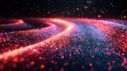 Canvas Print - Glowing particles form curved path.