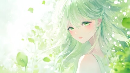 Wall Mural - Anime Girl with Green Hair in a Green Garden