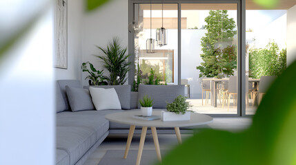 Wall Mural - Blurred view of light living room with grey sofa, table and plants