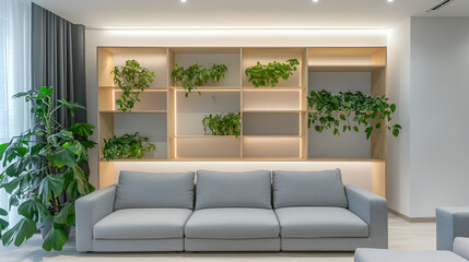 Wall Mural - Interior of light living room with grey sofas, shelf units and plants