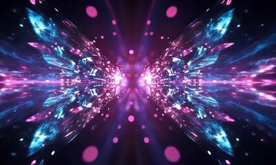 Wall Mural - Abstract vibrant blue and pink light streaks with bokeh effect, symmetrical design.