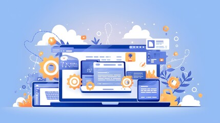 Cross-platform website and app development process on a laptop interface.