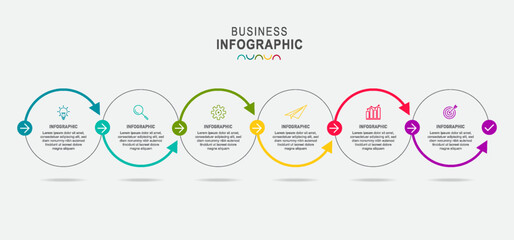 Line flow infographic. 6 steps circle timeline milestone graphic, presentation banner concept.