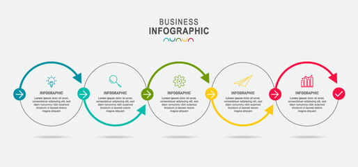 Line flow infographic. 5 steps circle timeline milestone graphic, presentation banner concept.