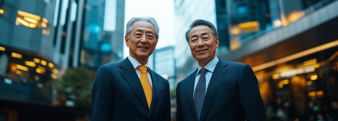 Two Asian senior businessmen are shown in a suit, smiling, and content in this city.